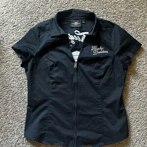 Women’s Black Zip Up Polo Shirt with HD on left front and back of top Size L.